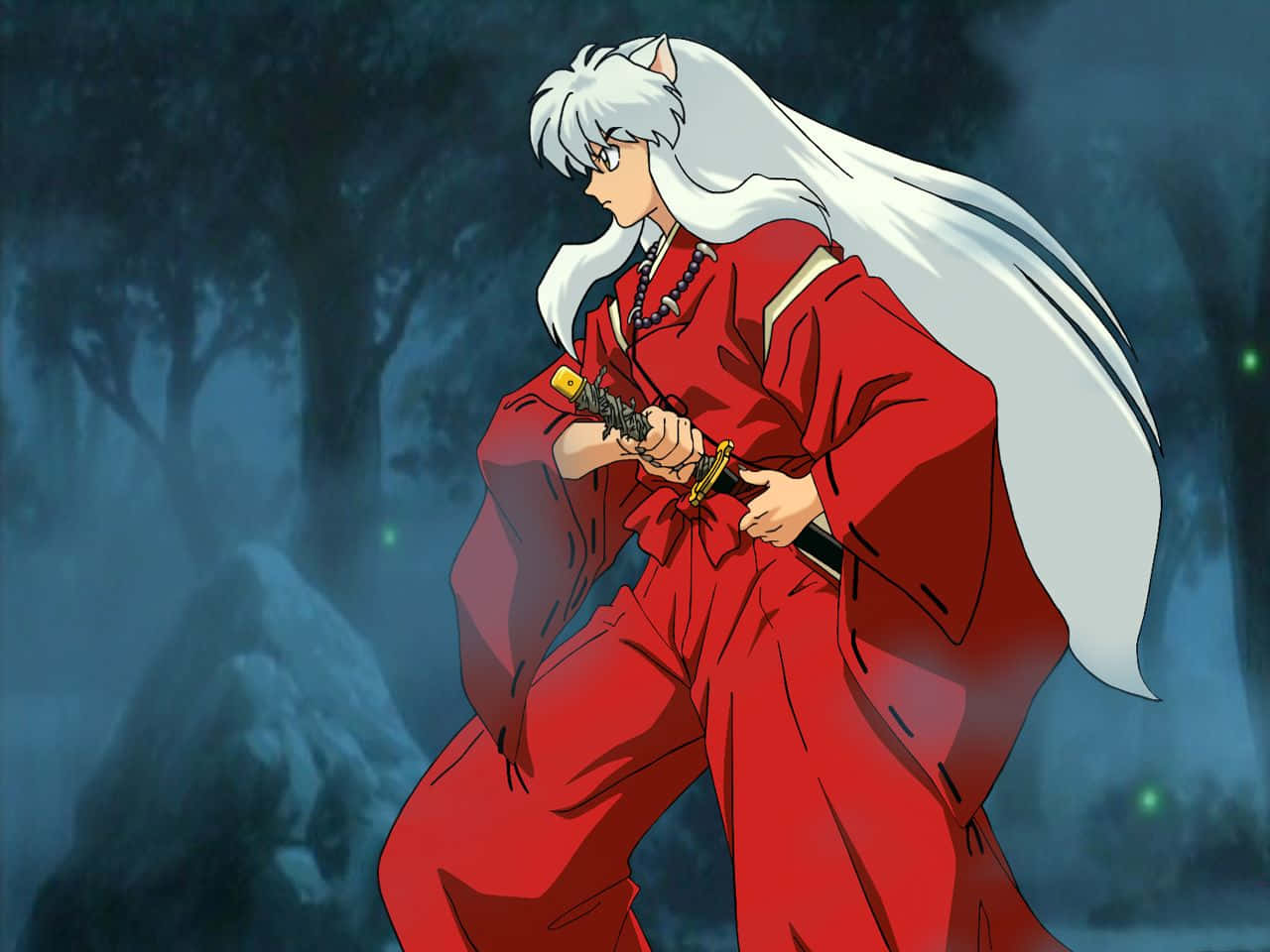 Inuyasha, silver-haired anime warrior, red kimono, HD Desktop Wallpaper