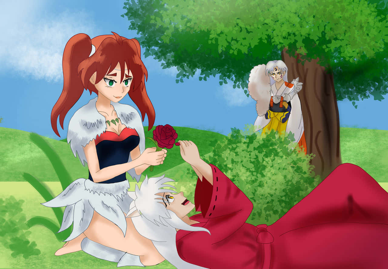 Inuyasha Ayame, red-haired anime girl, white-haired man, HD Desktop Wallpaper