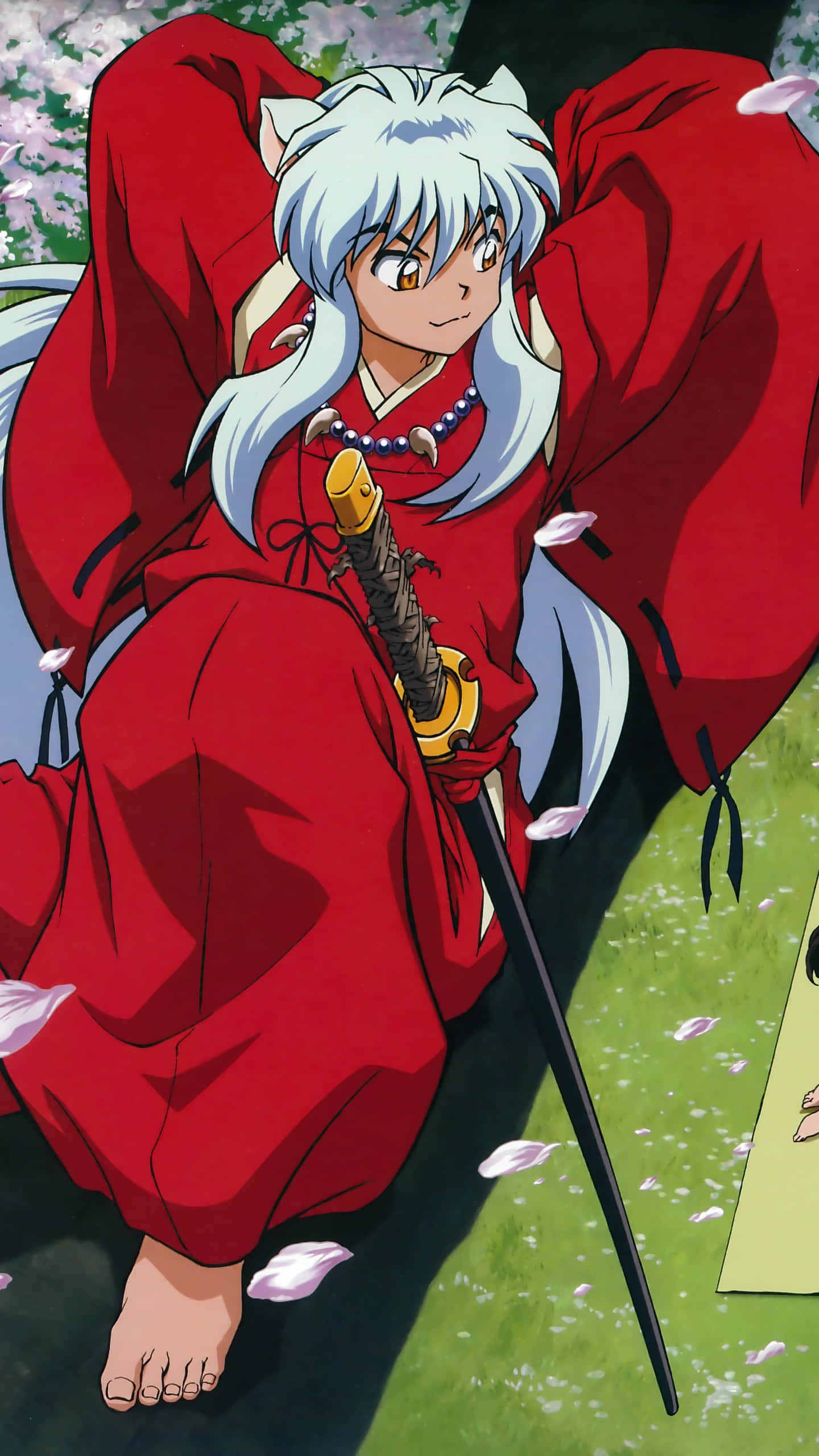 Inuyasha, red kimono, cherry blossoms, 2K Phone Wallpaper