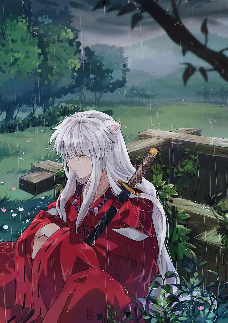 Inuyasha, white-haired anime warrior, red kimono, SD Phone Wallpaper
