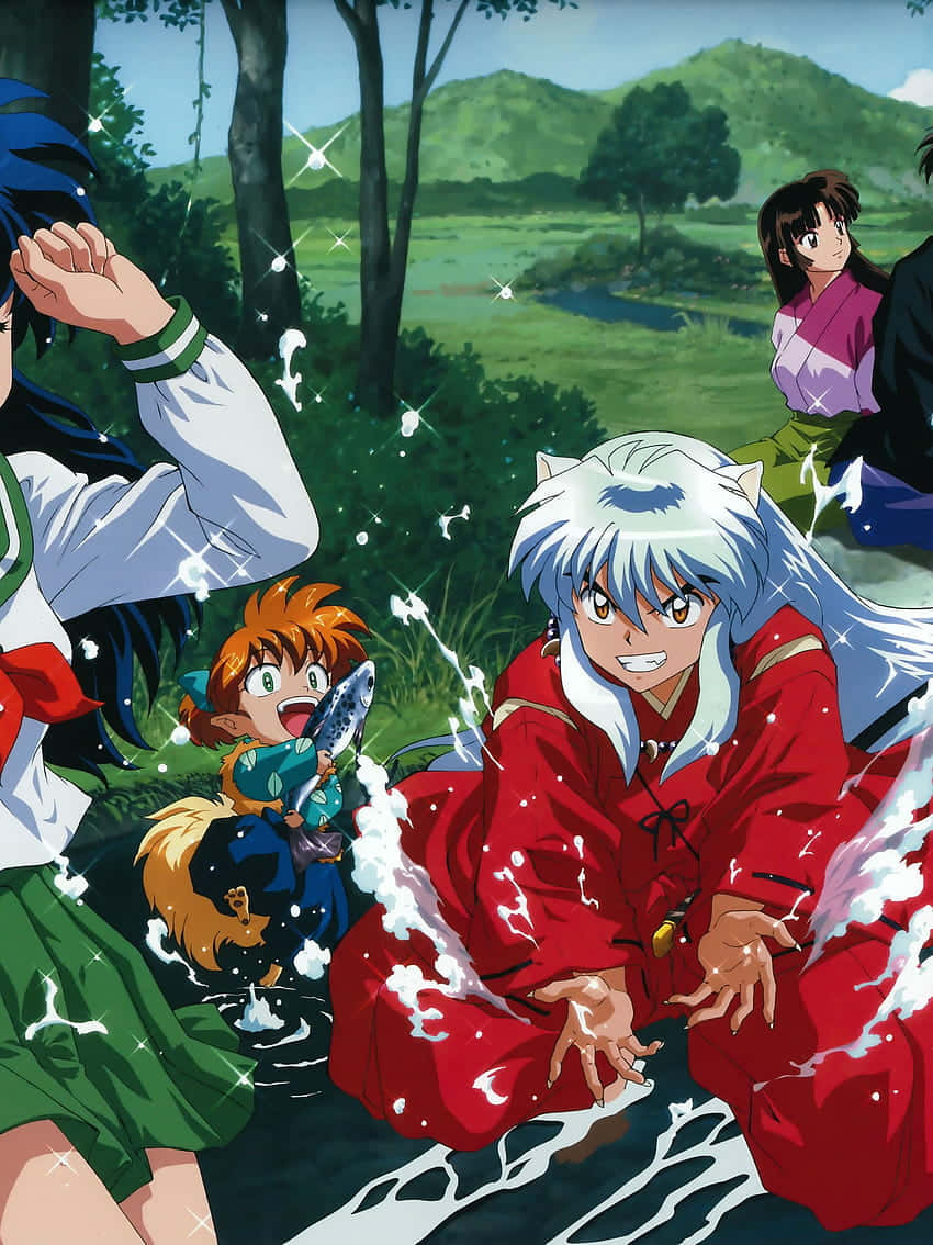 Inuyasha, friends, vibrant red and green outfits, SD Phone Wallpaper