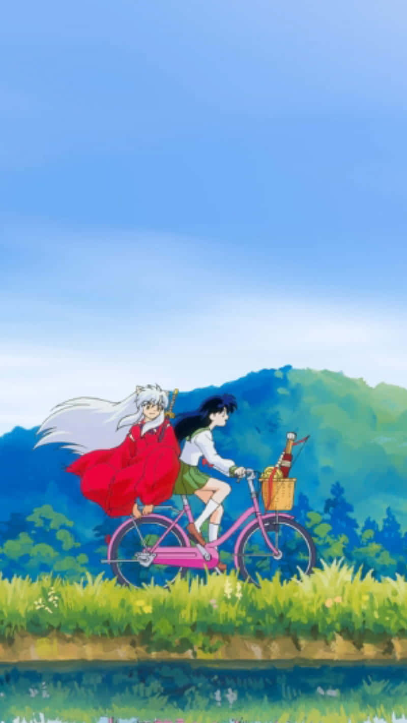 Inuyasha, pink bicycle, vibrant green field, HD Phone Wallpaper