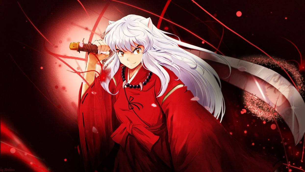 Inuyasha, white hair, red kimono, SD Desktop Wallpaper