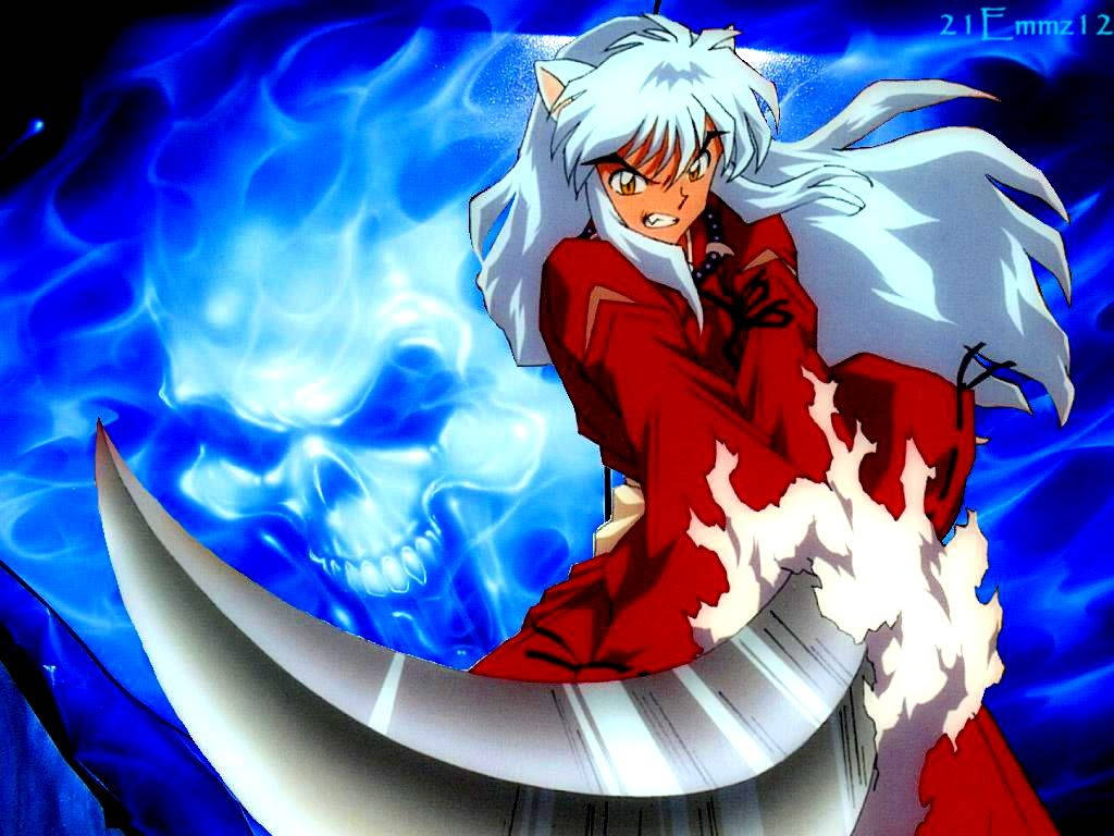 Inuyasha, blue flames, white hair, SD Desktop Wallpaper