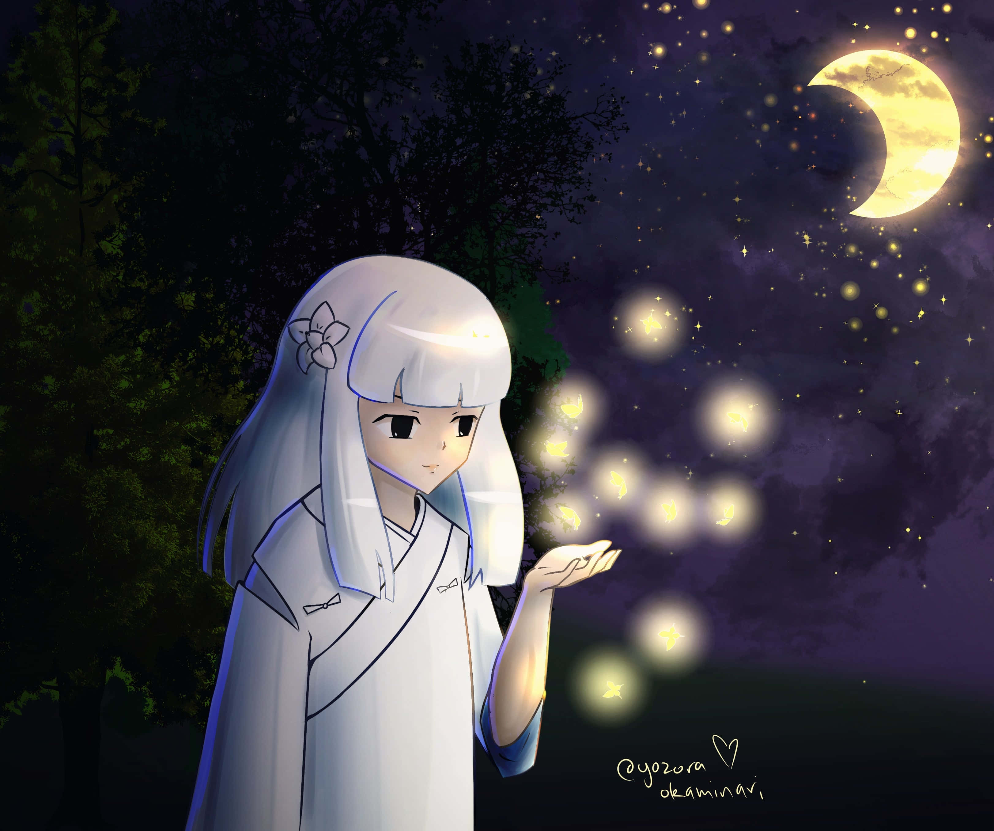 Inuyasha Kanna, white hair, glowing crescent moons, 2K Desktop Wallpaper