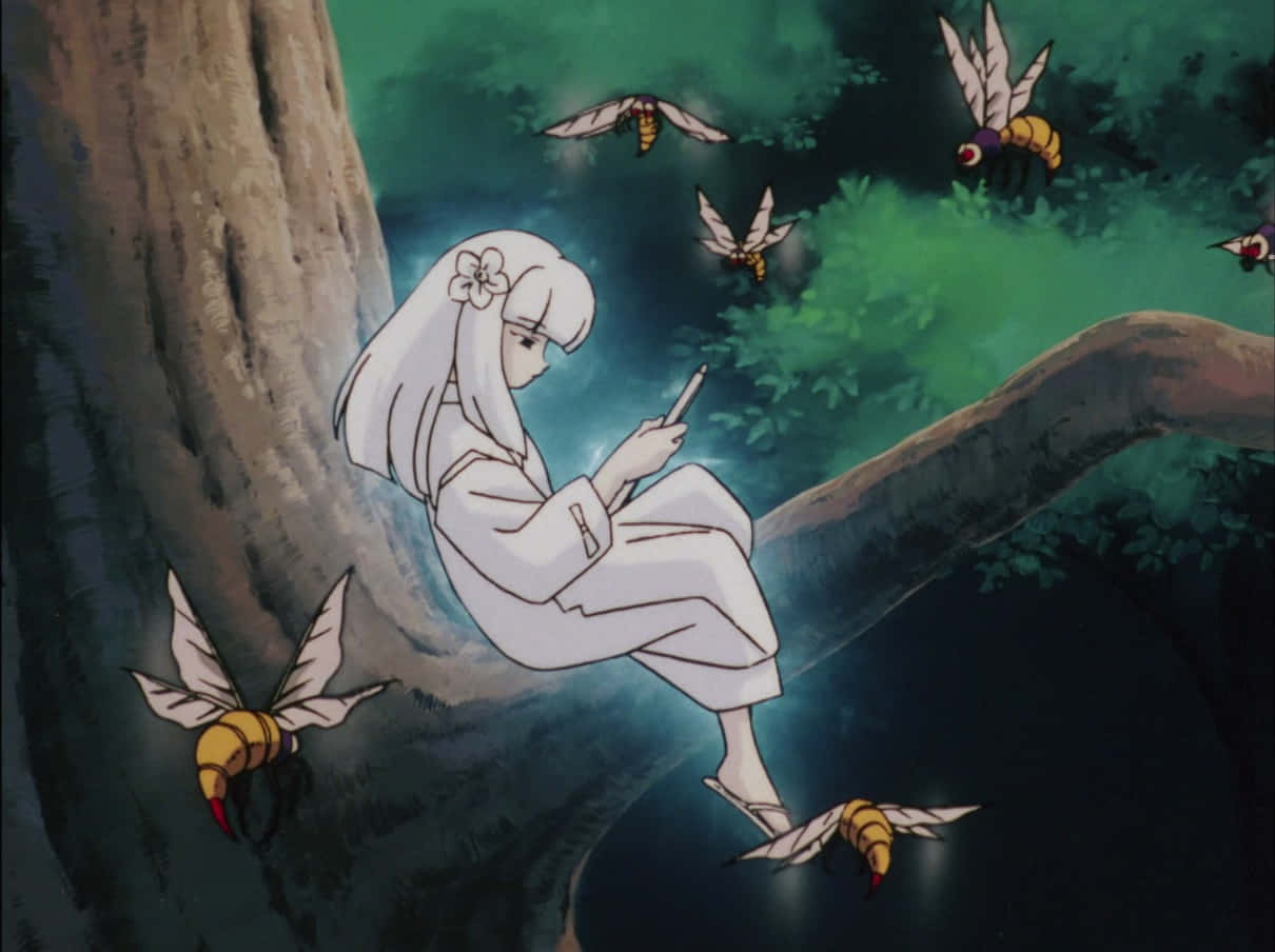 Inuyasha Kanna, white-robed anime girl, tree branch, SD Desktop Wallpaper