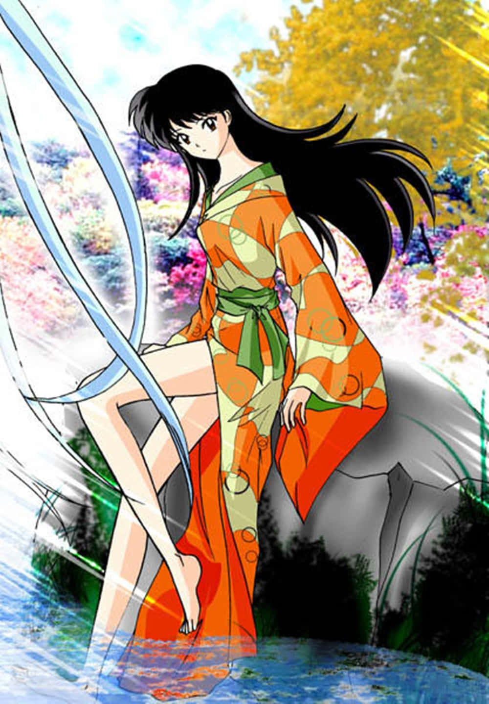 Inuyasha Rin, orange kimono, glowing sword, HD Phone Wallpaper
