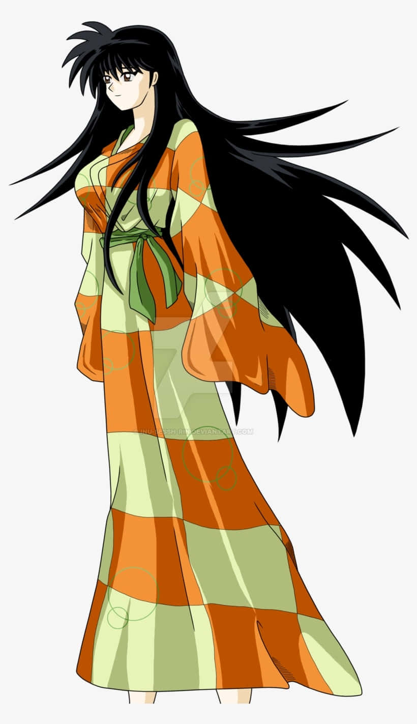 Inuyasha Rin, long black hair, orange and green striped kimono, HD Phone Wallpaper