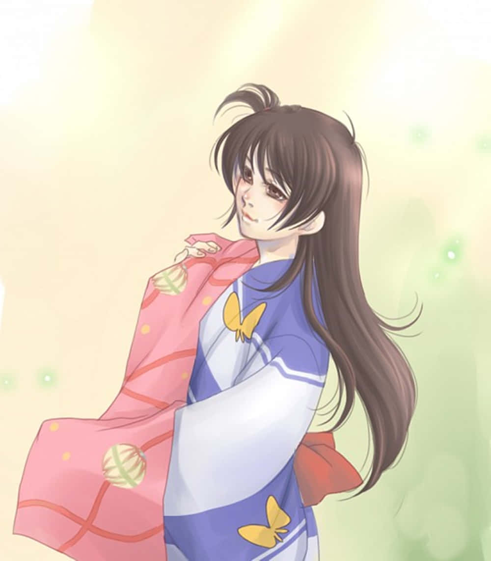 Inuyasha Rin, blue and white kimono, yellow butterflies, SD Phone Wallpaper