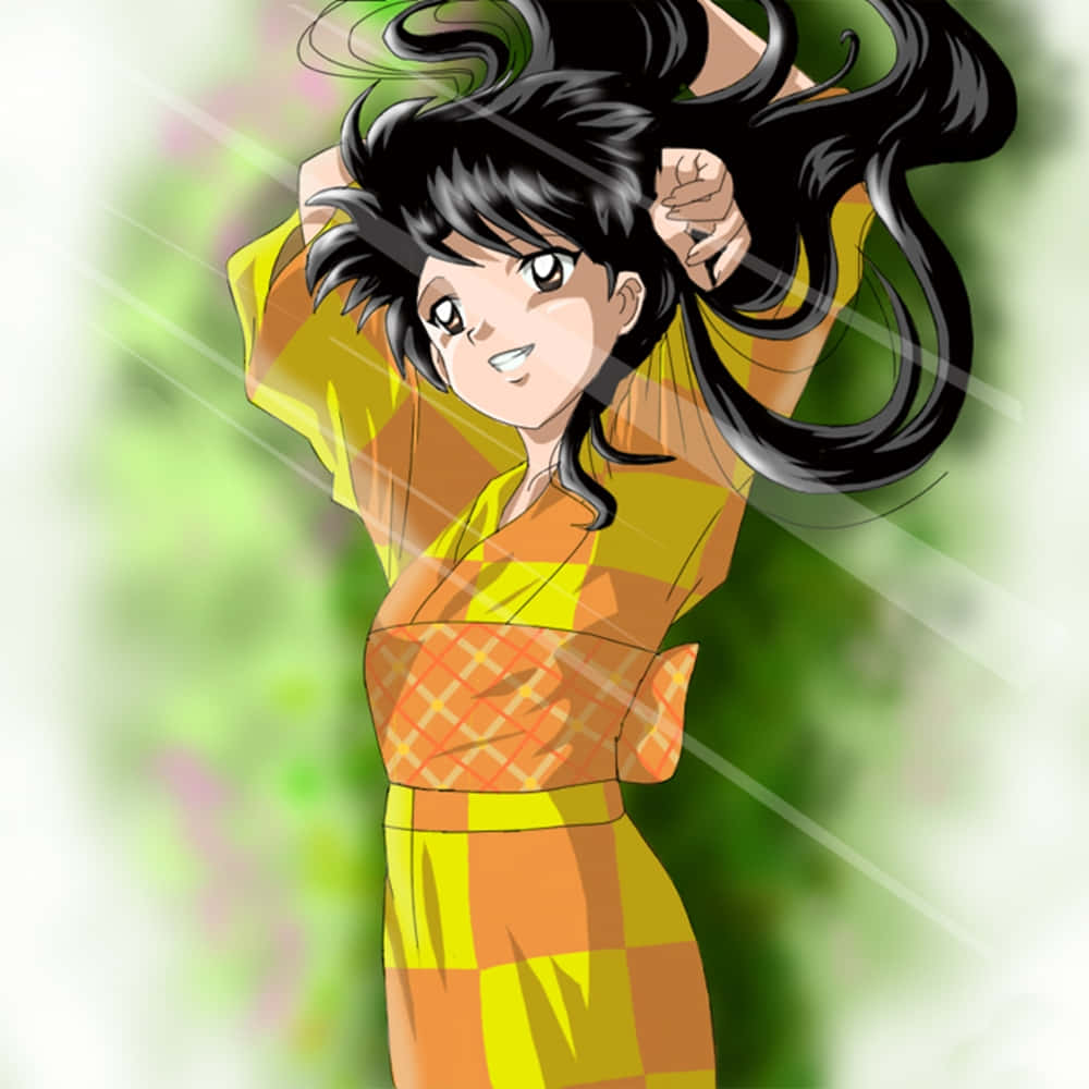 Inuyasha Rin, yellow and orange checkered kimono, long black hair, SD Desktop Wallpaper