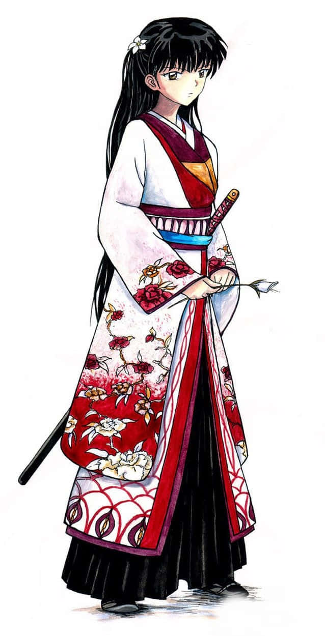 Inuyasha Rin, red and white floral kimono, sword, SD Phone Wallpaper
