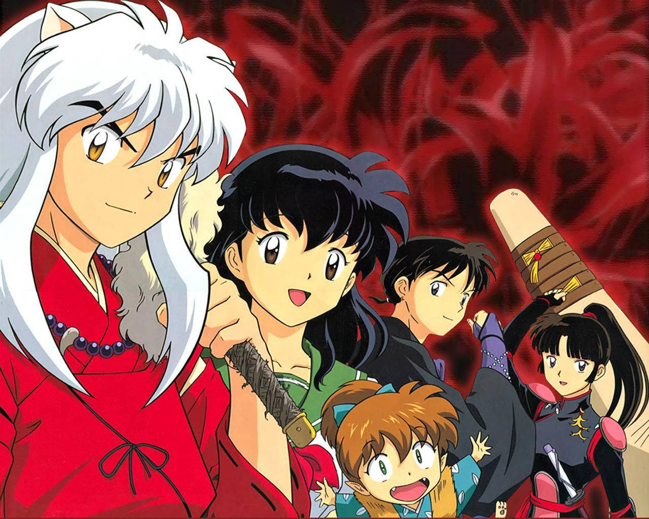Inuyasha, friends, red background, HD Desktop Wallpaper
