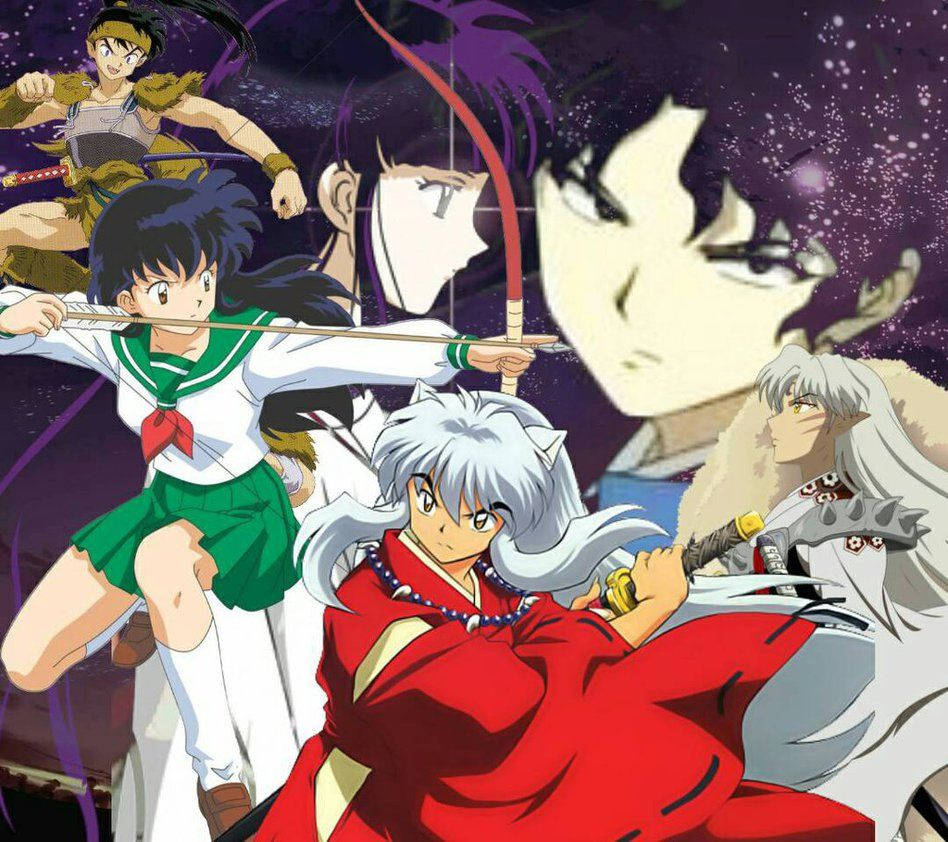Inuyasha, characters, starry purple night sky, SD Desktop Wallpaper