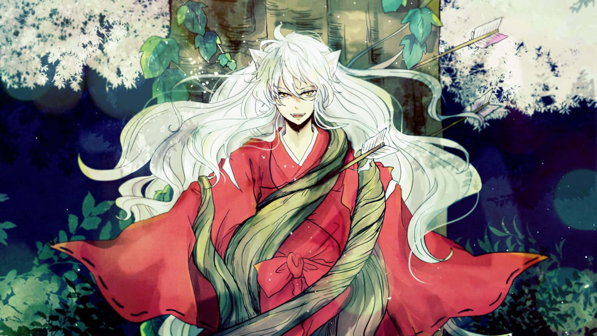 Inuyasha, white-haired anime character, red kimono, Full HD Desktop Wallpaper
