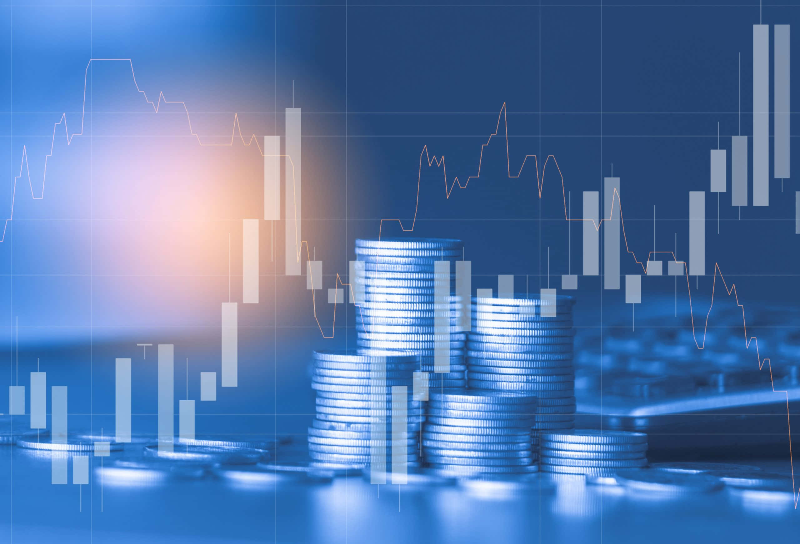 Investment, shiny coins, blue background, 2K Desktop Wallpaper