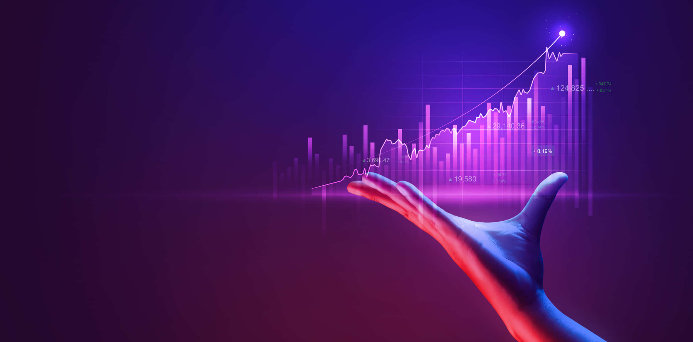Investment, glowing hand, rising digital stock chart, Full HD Desktop Wallpaper