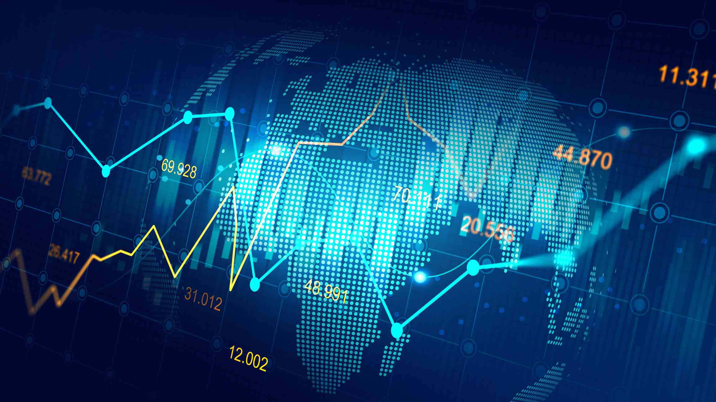 Investment, digital financial charts, pixelated globe, Full HD Desktop Wallpaper