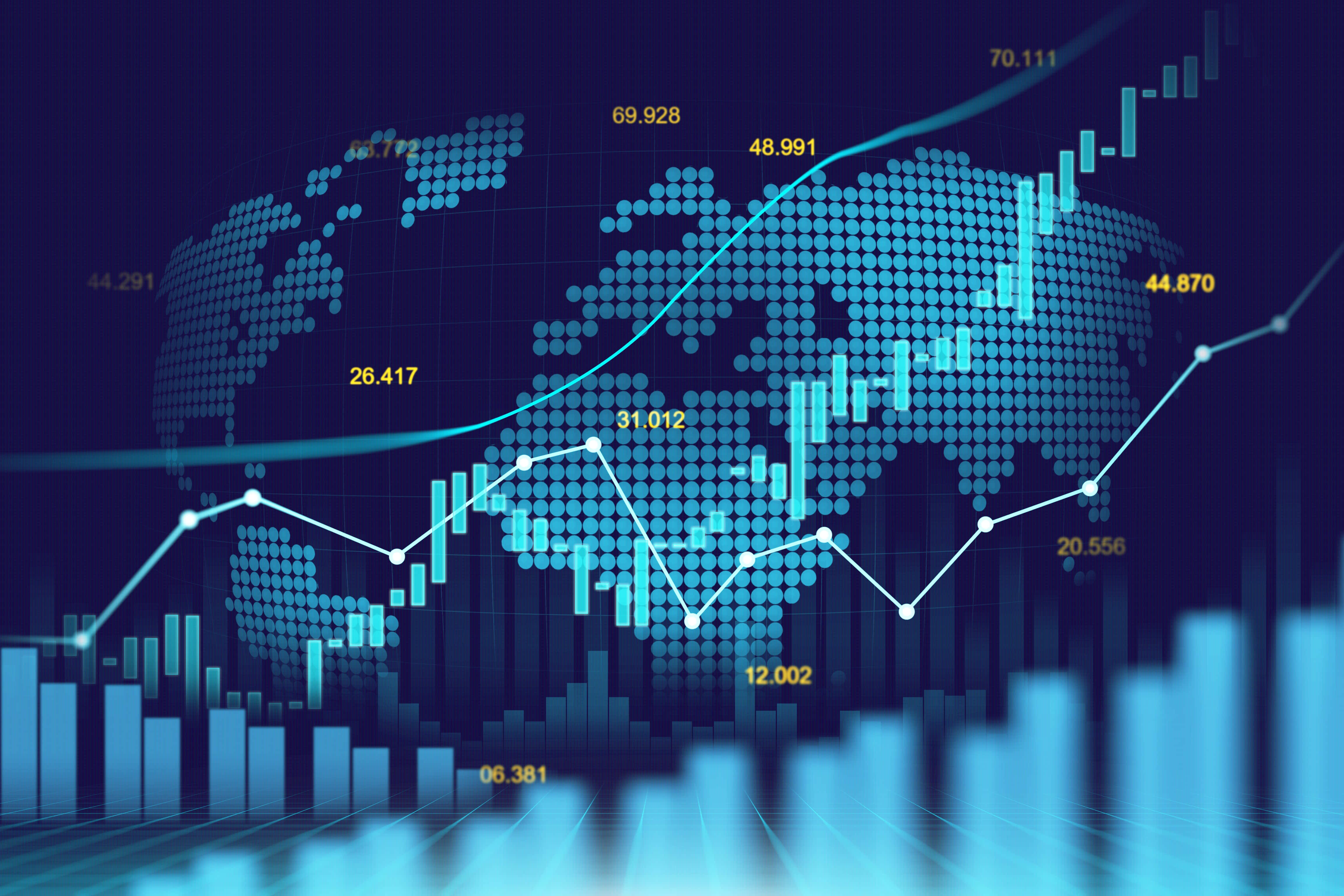 glowing blue digital graph, dotted world map, global financial growth, 4K Desktop Wallpaper