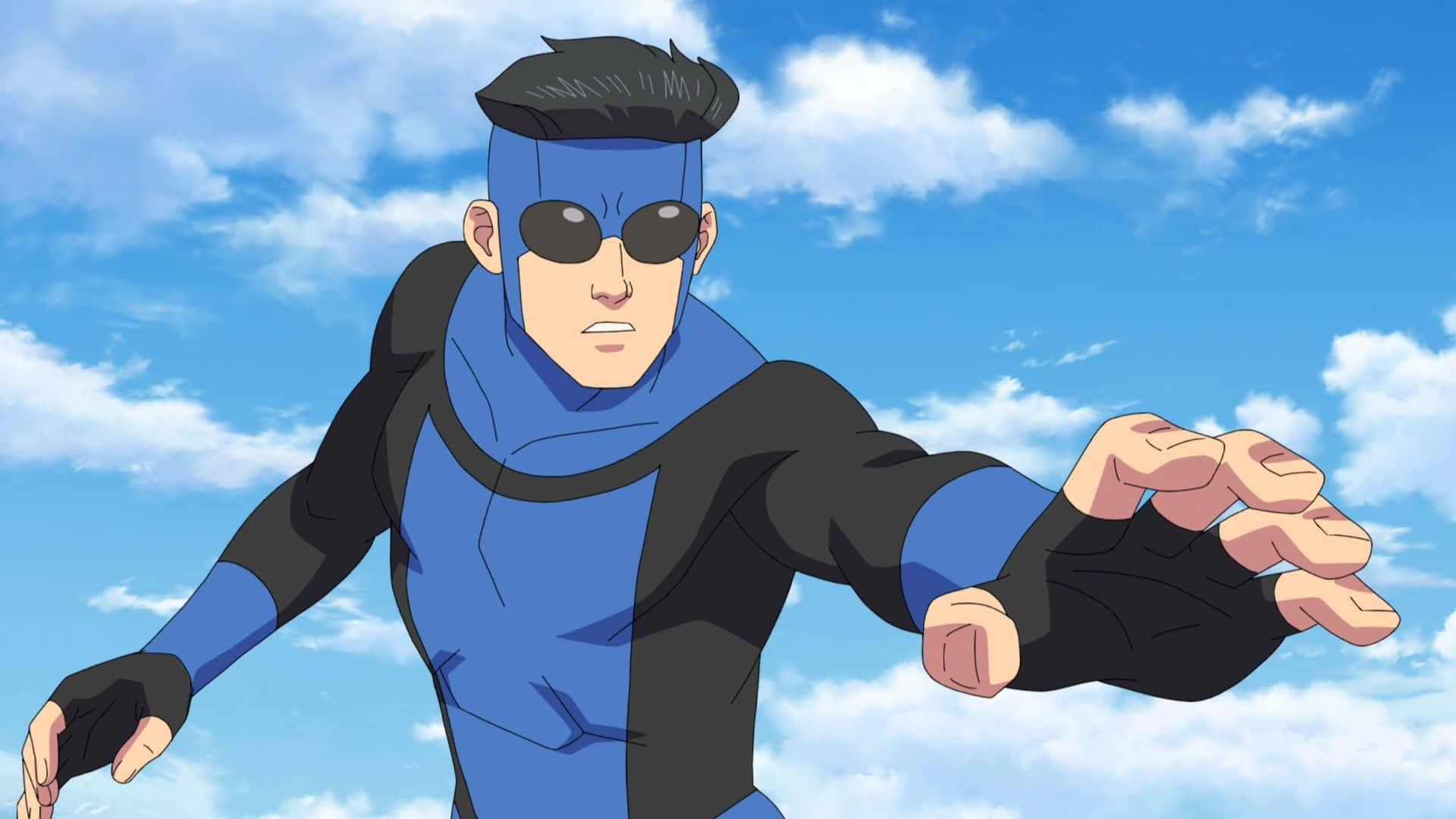 Invincible War, blue and black masked superhero, dynamic pose, Full HD Desktop Wallpaper