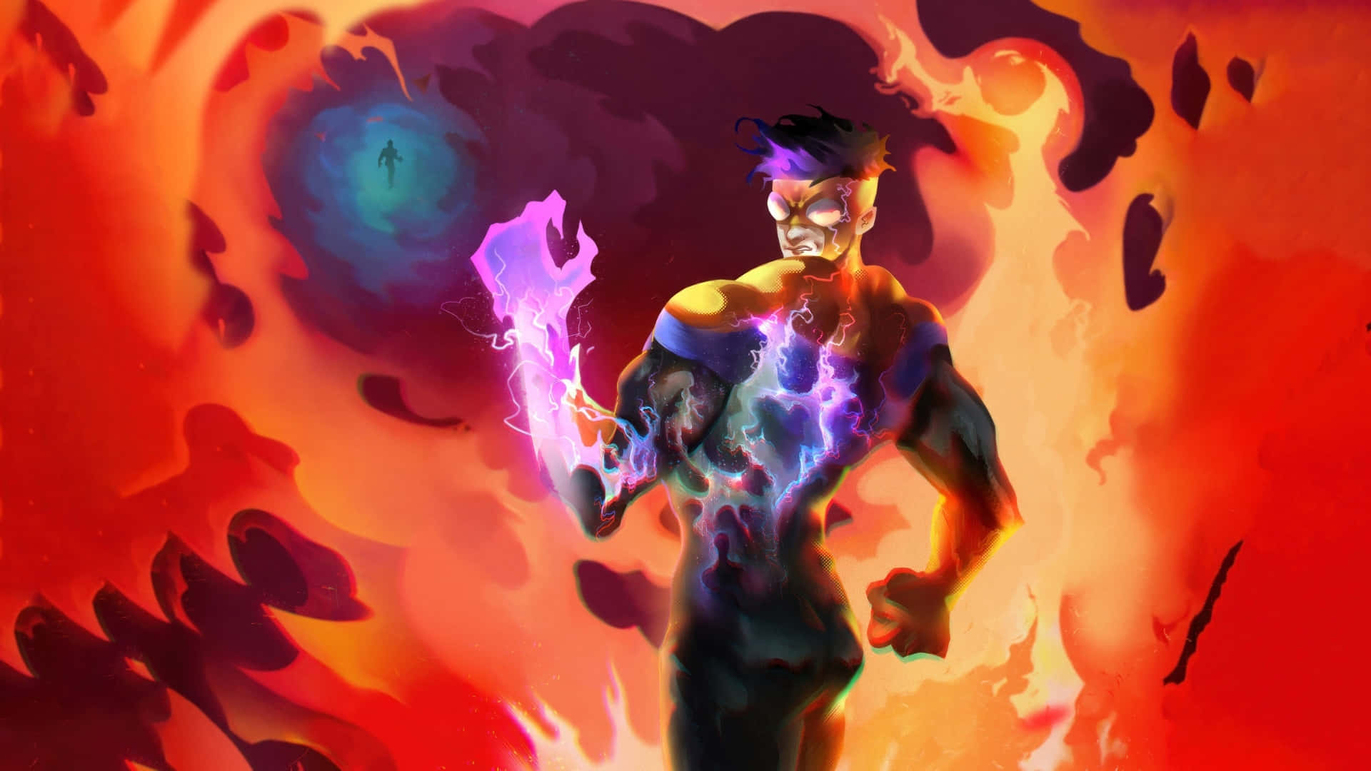 Invincible War, glowing purple lightning, fiery orange, Full HD Desktop Wallpaper
