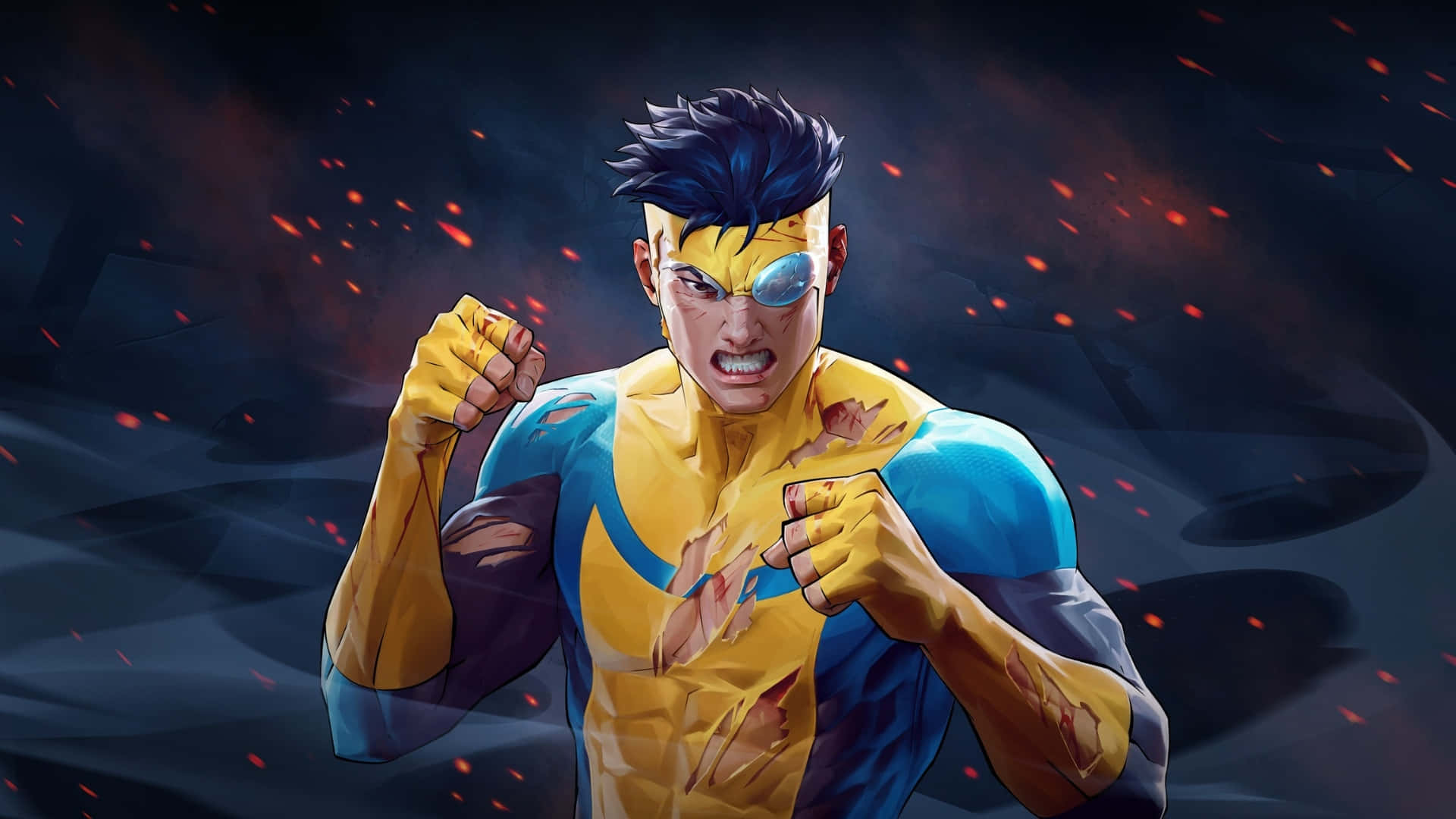 Invincible War, blue hair, yellow and blue suit, Full HD Desktop Wallpaper