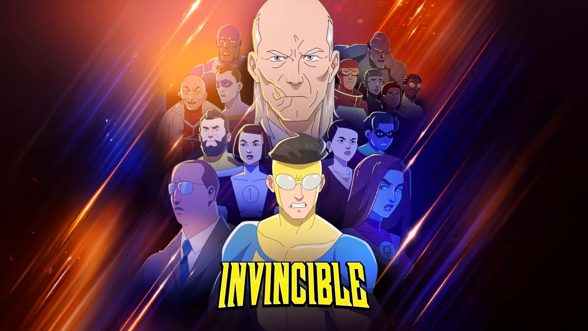 Invincible War, bald man, radiant orange and blue streaked background, Full HD Desktop Wallpaper