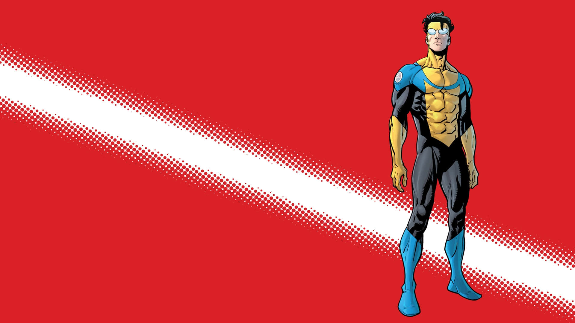 Invincible War, blue and gold suit, bold red background, Full HD Desktop Wallpaper