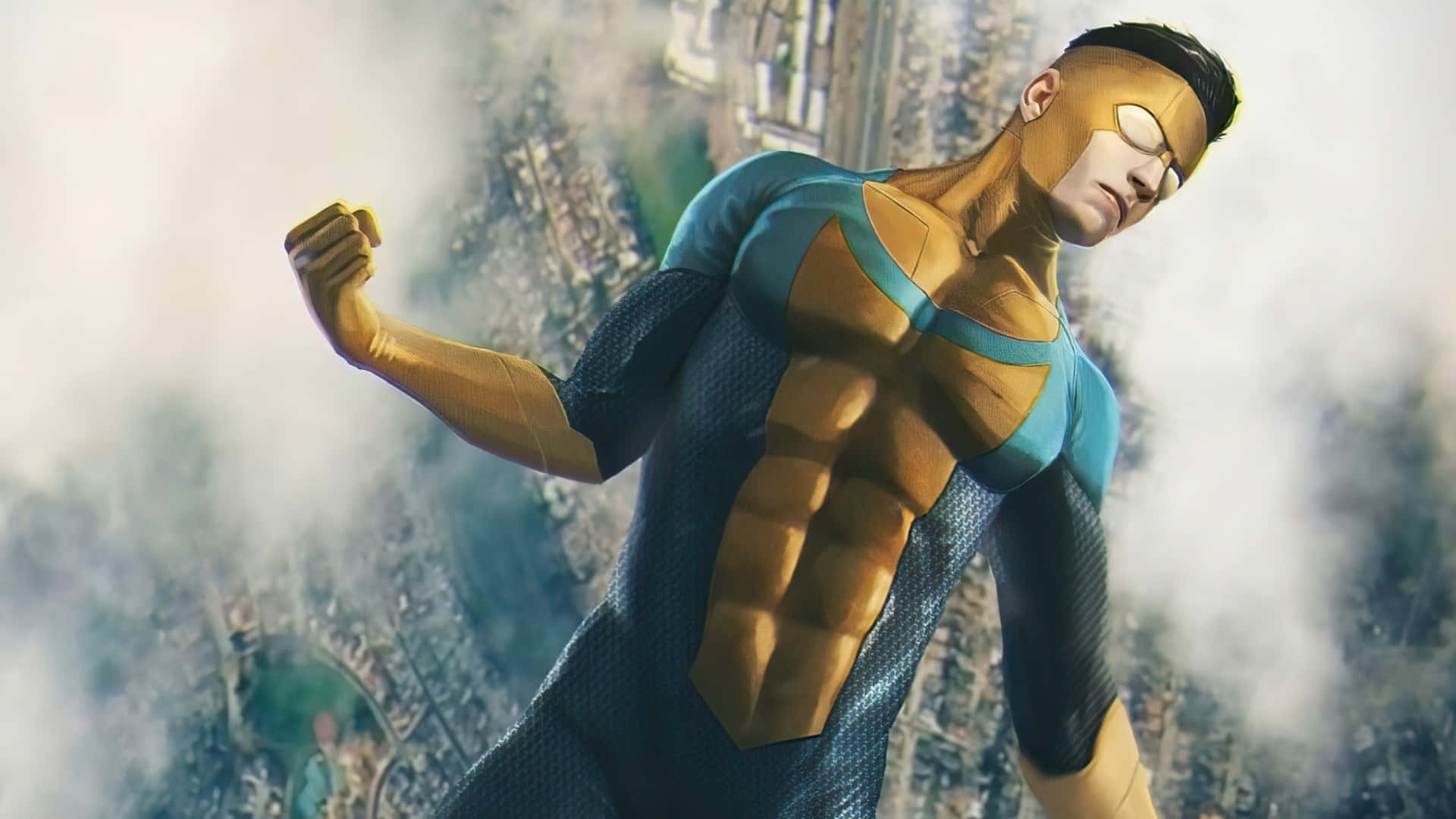 Invincible, gold and blue suit, cityscape, Full HD Desktop Wallpaper