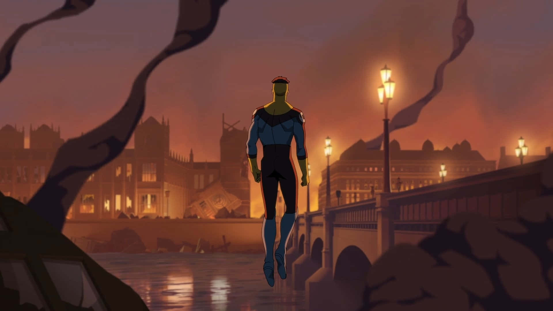 Invincible War, blue and black suit, bridge, Full HD Desktop Wallpaper