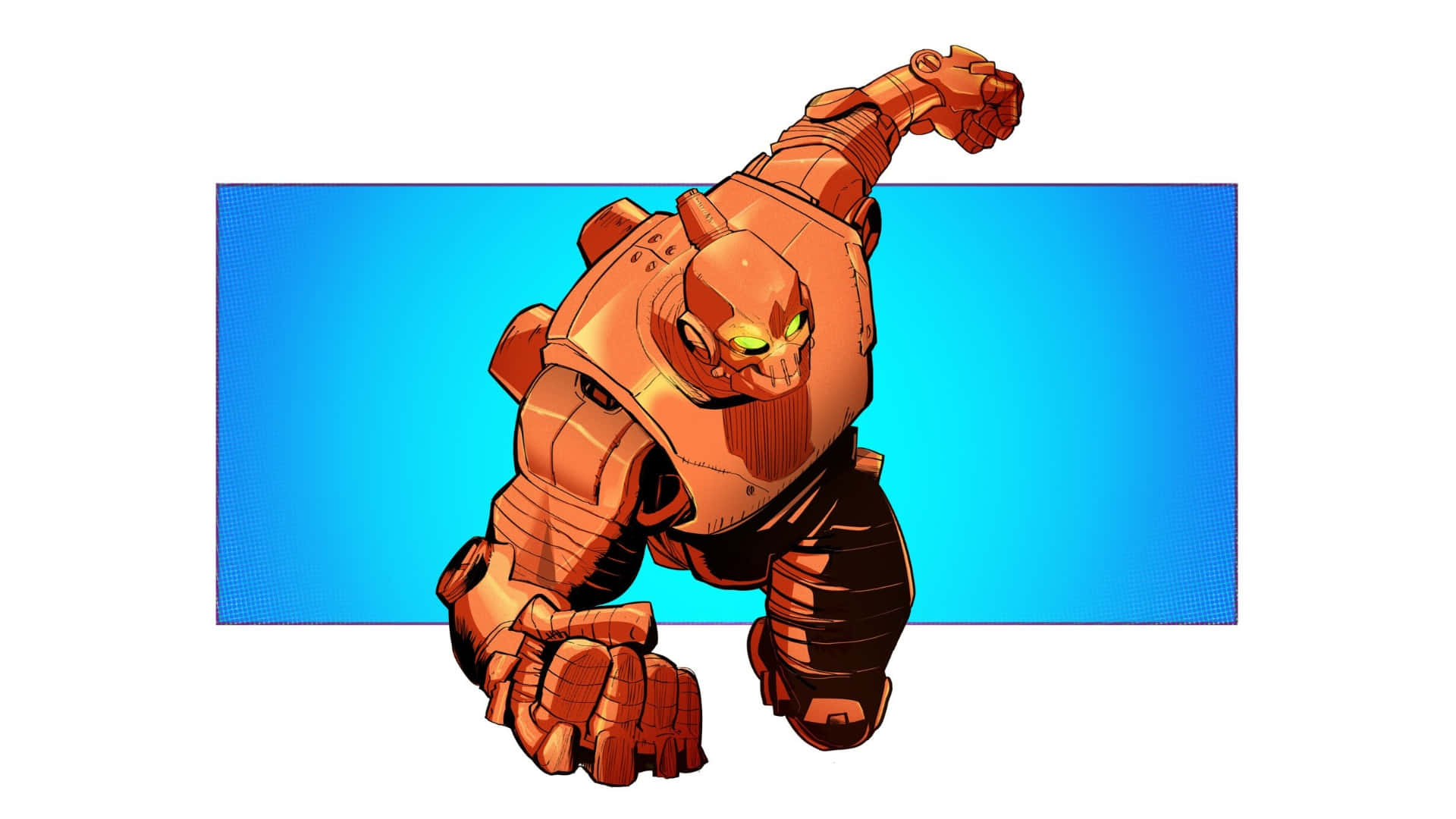 Invincible War, orange armored robot, glowing green eyes, Full HD Desktop Wallpaper