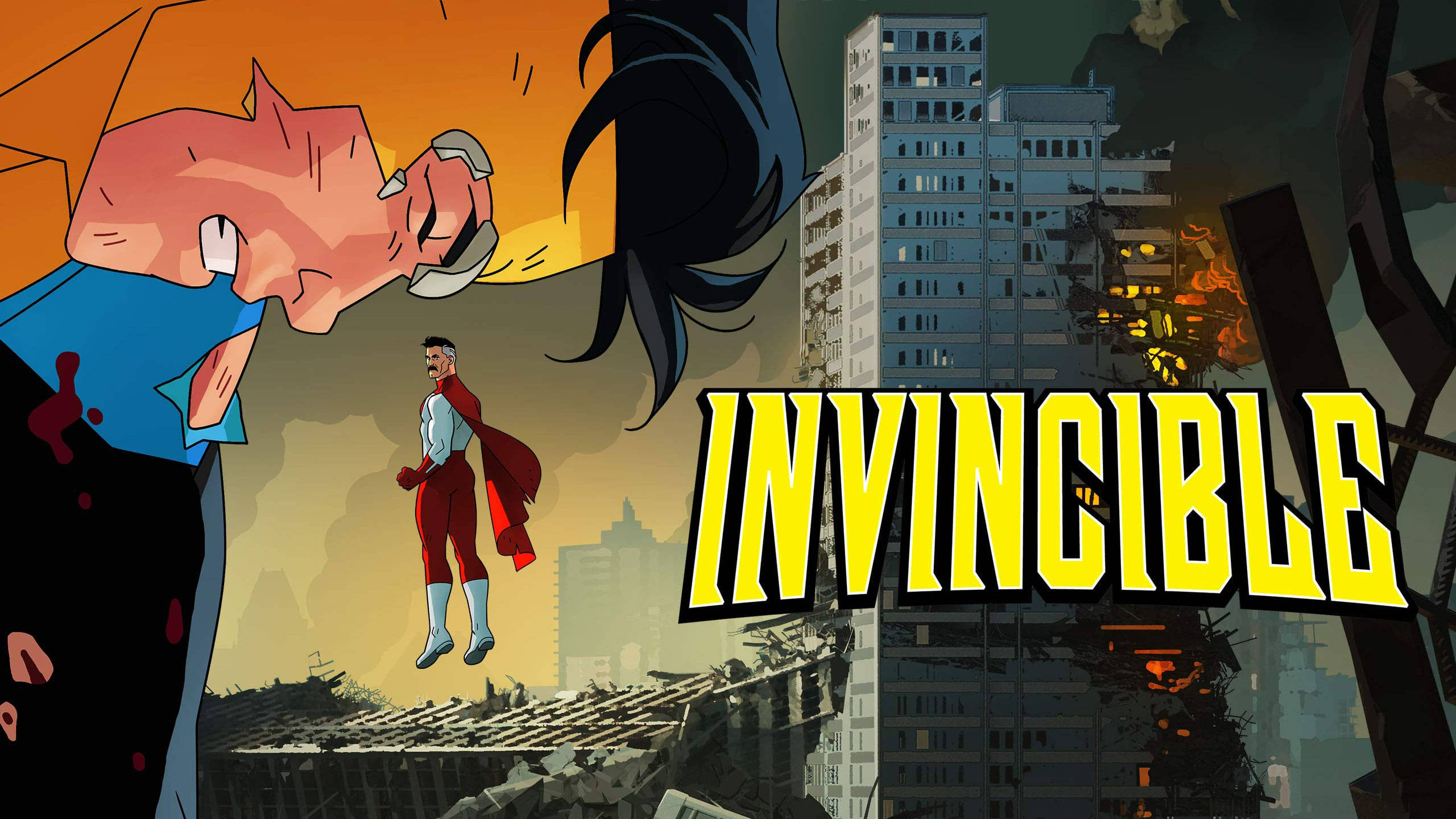 Invincible, red cape, ruined city, 2K Desktop Wallpaper