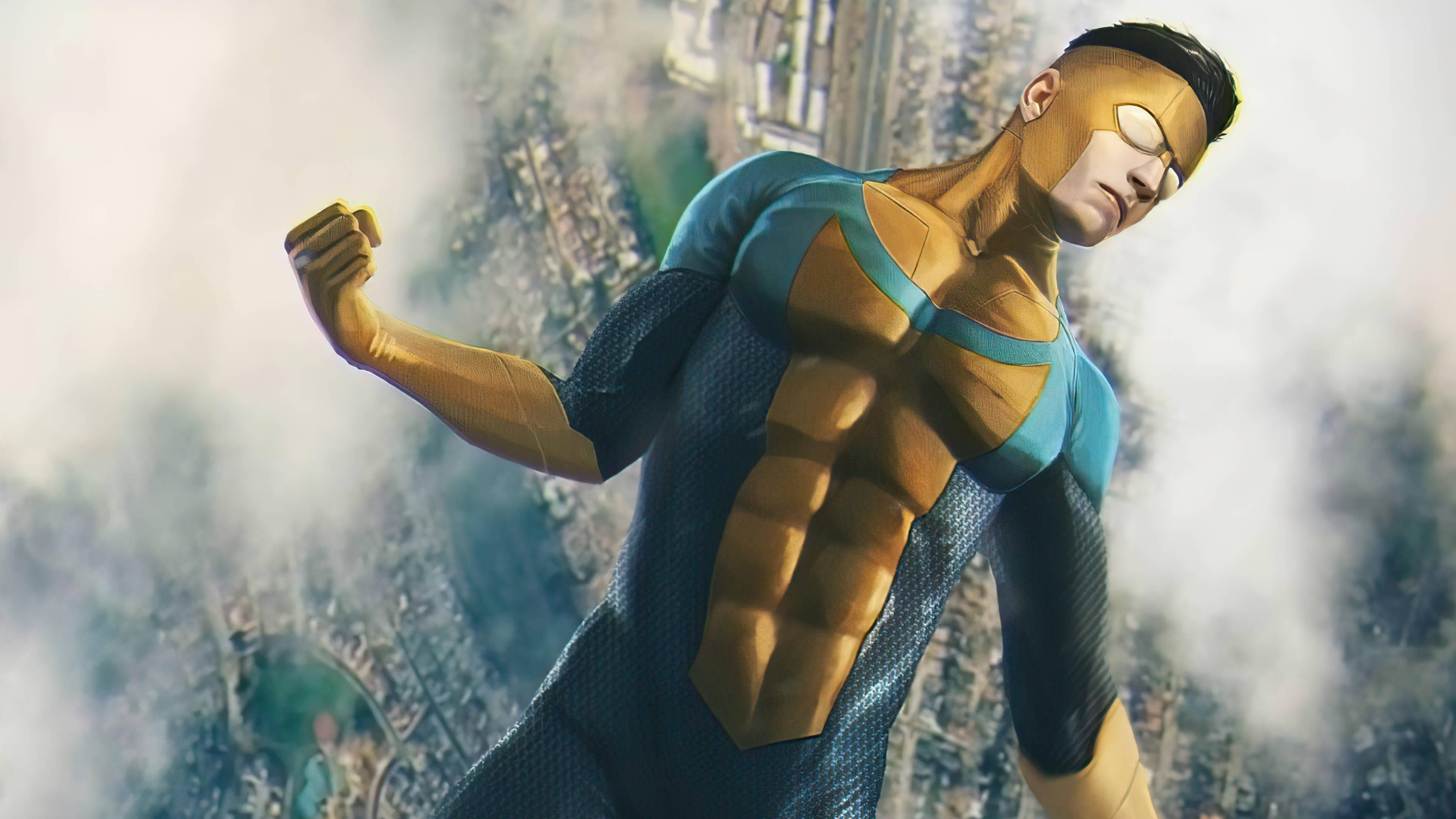 Invincible, gold and blue suit, cityscape, 4K Desktop Wallpaper