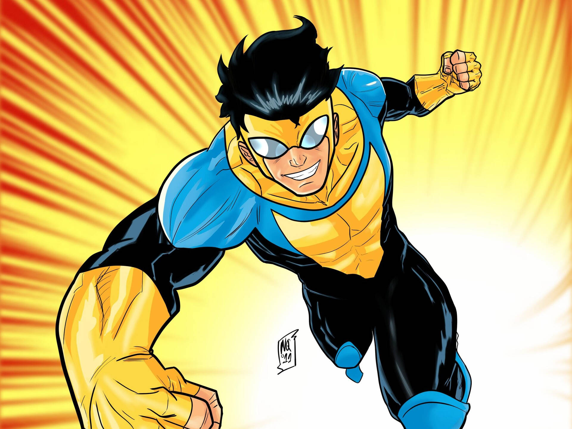 Invincible, blue and yellow suit, sunburst background, Full HD Desktop Wallpaper