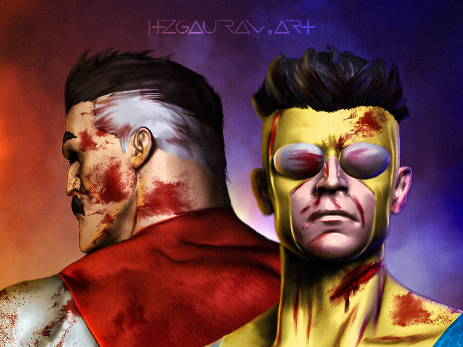 Invincible, Red Blue, bloodied faces, Full HD Desktop Wallpaper
