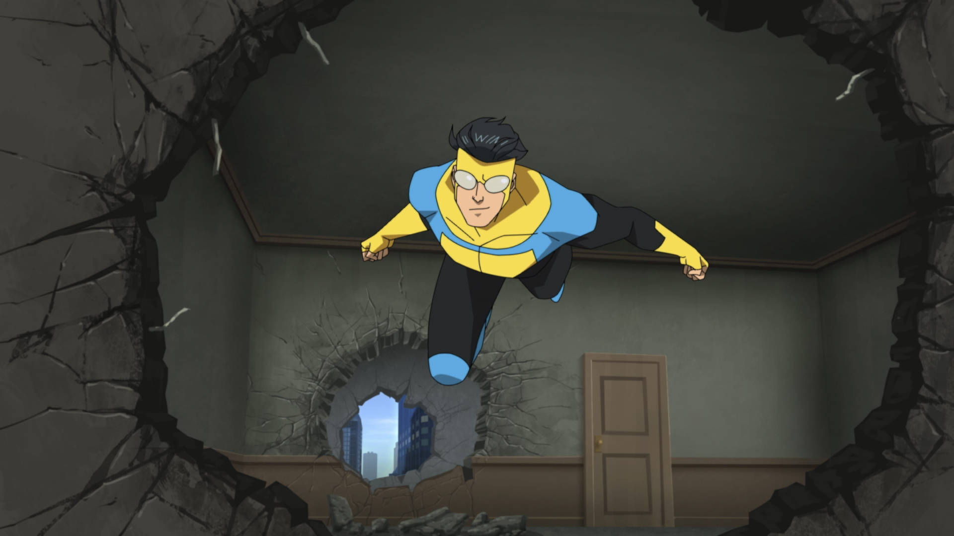 Invincible, yellow and blue suit, shattered wall, Full HD Desktop Wallpaper