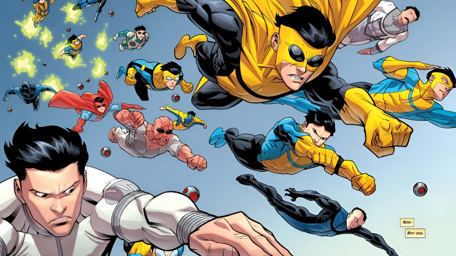 Invincible, flying heroes, colorful costumes, Full HD Desktop Wallpaper
