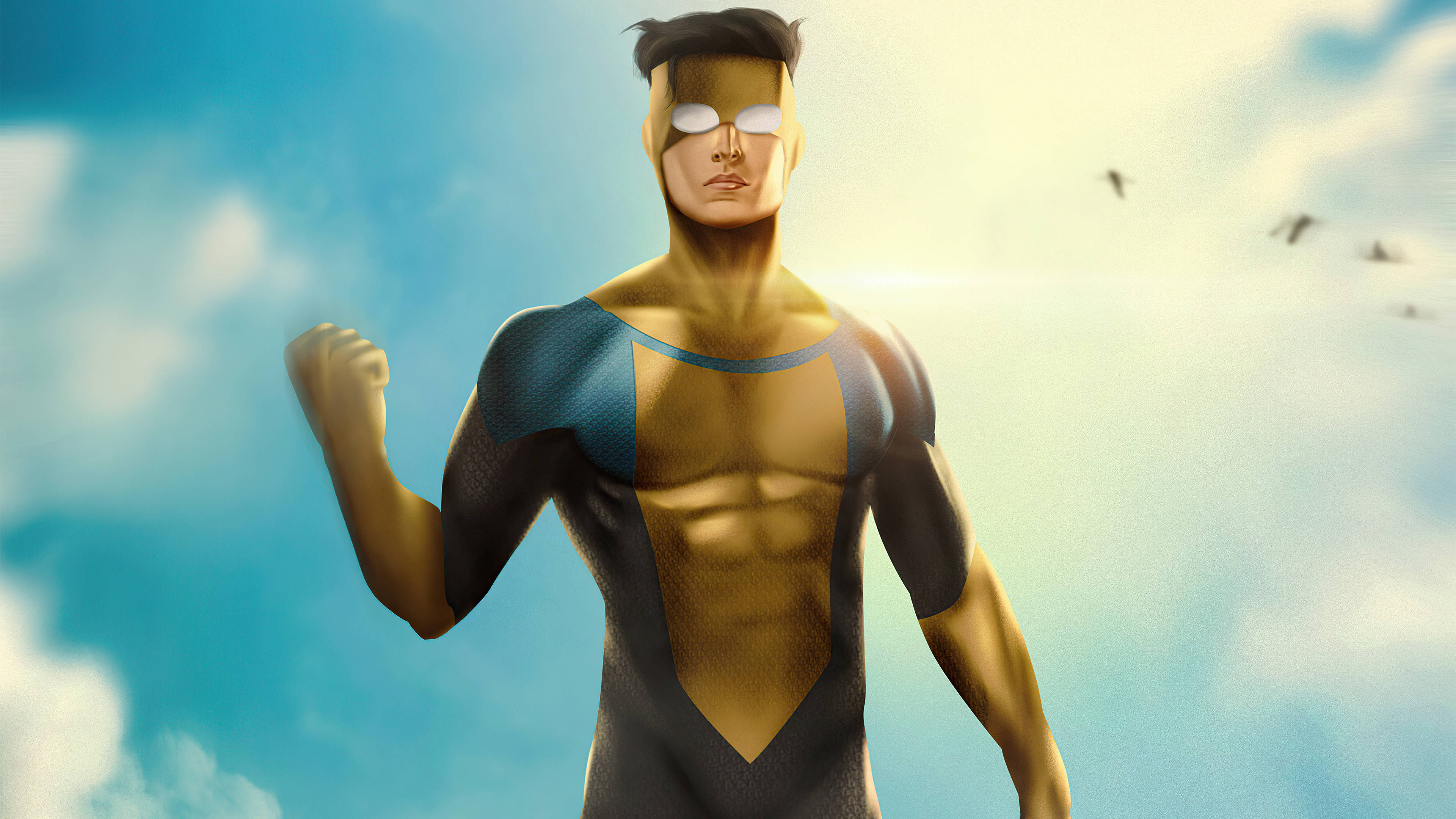 Invincible, golden-skinned superhero, white eye masks, 4K Desktop Wallpaper