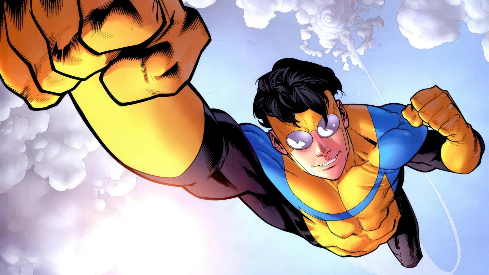 Invincible, blue and yellow suit, soars through a bright sky, Full HD Desktop Wallpaper