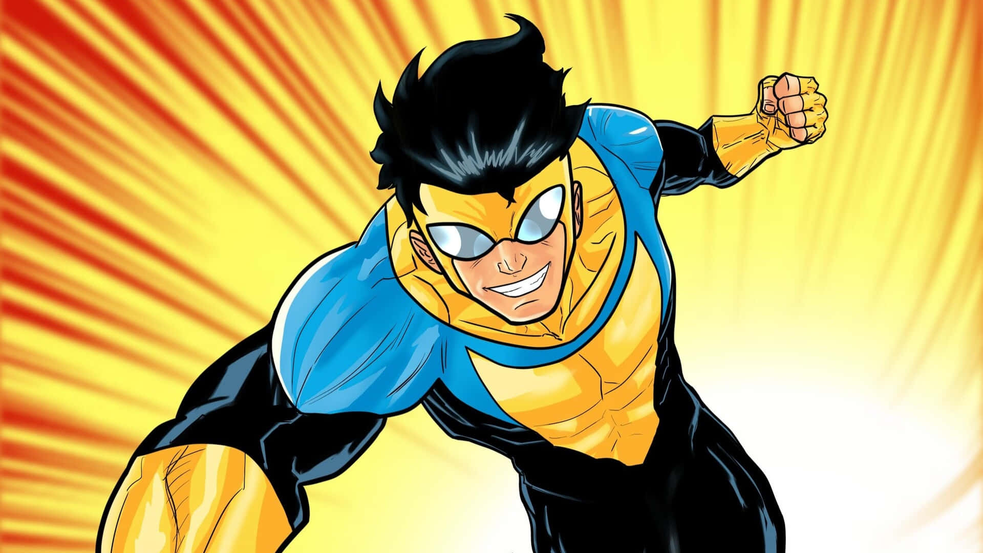 Invincible, blue and gold suit, radiant yellow and orange sunburst background, Full HD Desktop Wallpaper