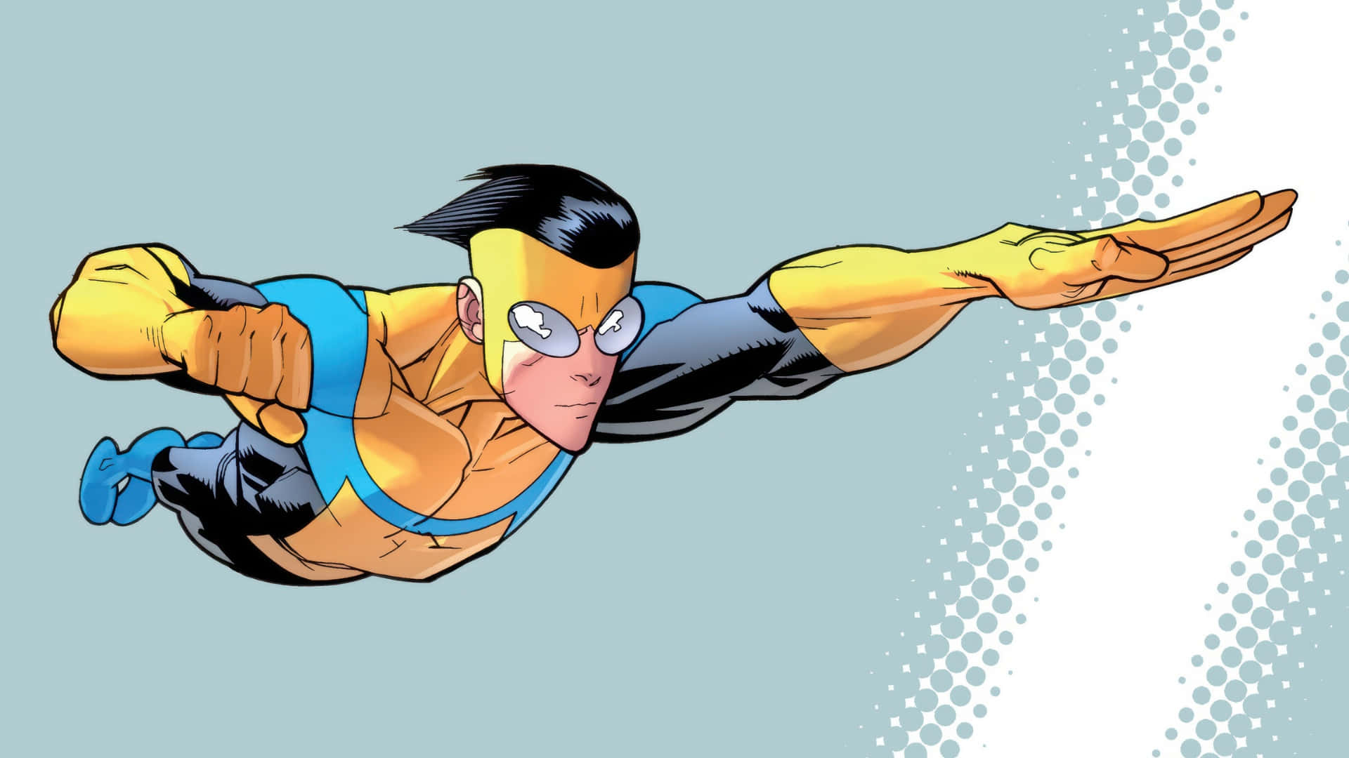 Invincible, yellow blue suit, light blue background, Full HD Desktop Wallpaper