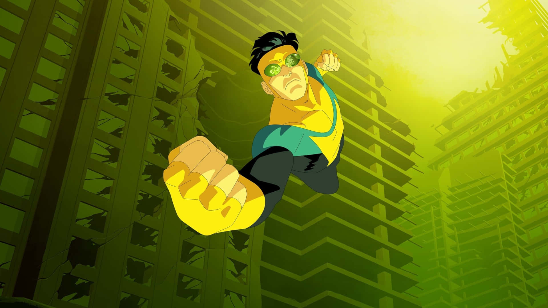 Invincible, yellow and teal, green-tinted cityscape, Full HD Desktop Wallpaper