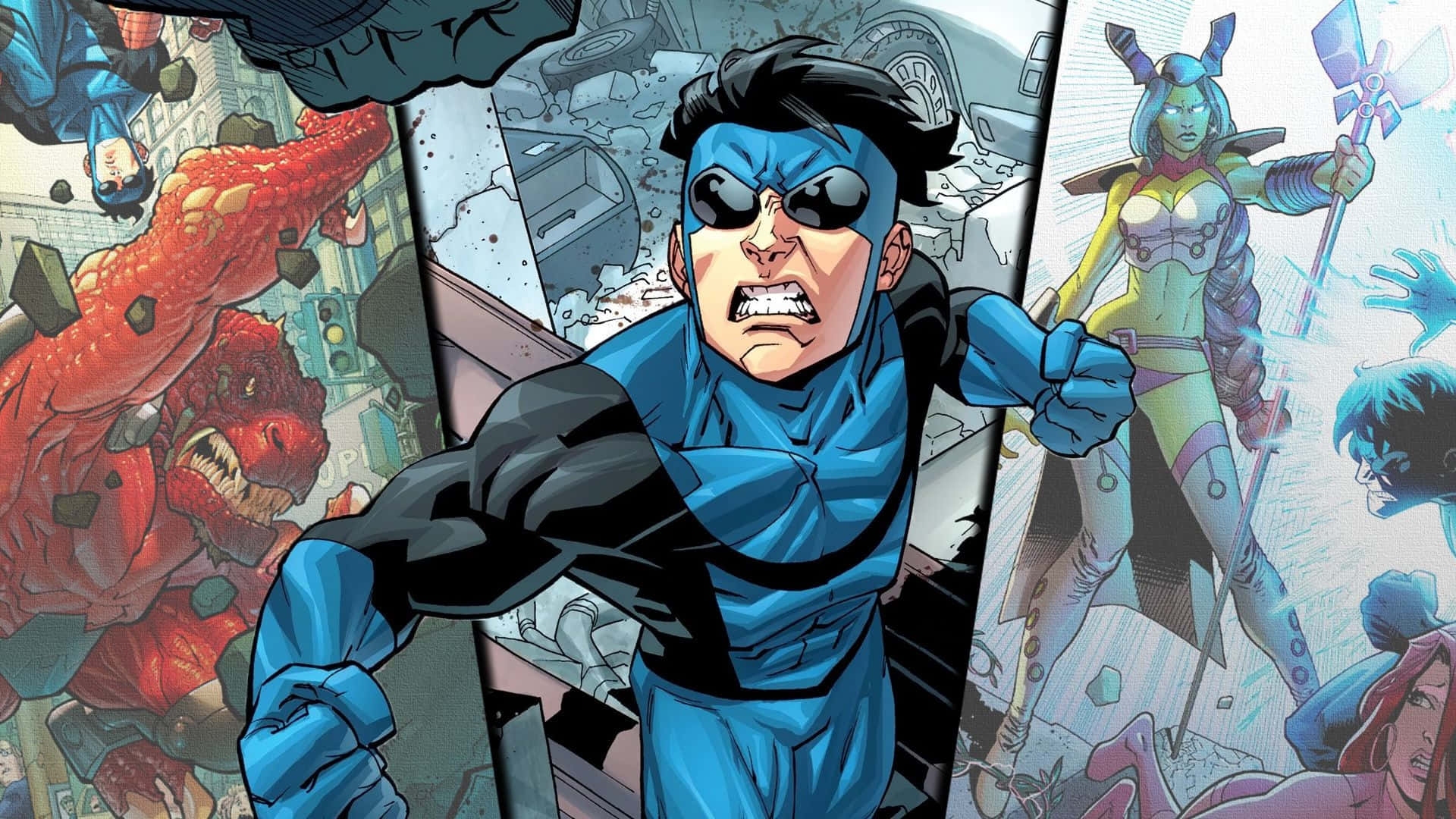 Invincible, blue-suited superhero, black mask, Full HD Desktop Wallpaper