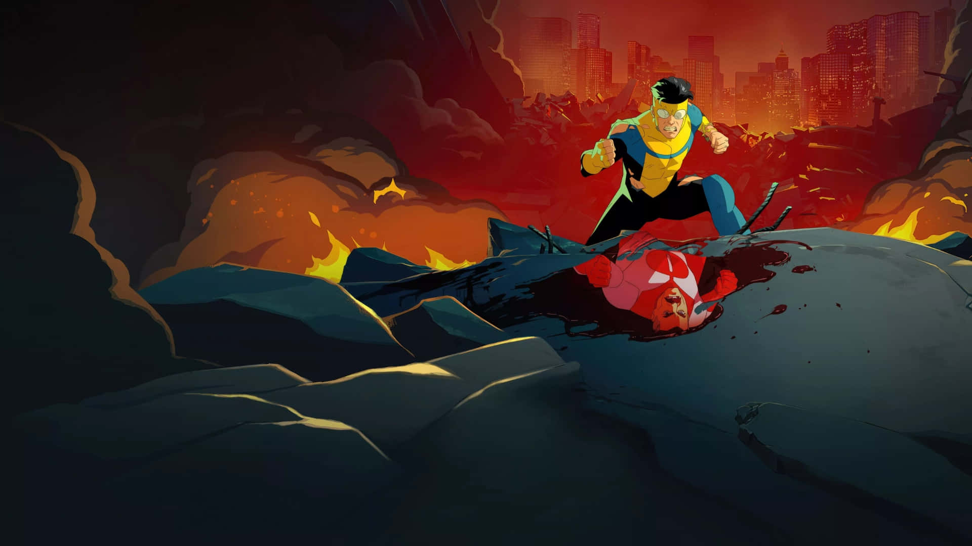 Invincible, blue and yellow, red-masked villain, Full HD Desktop Wallpaper
