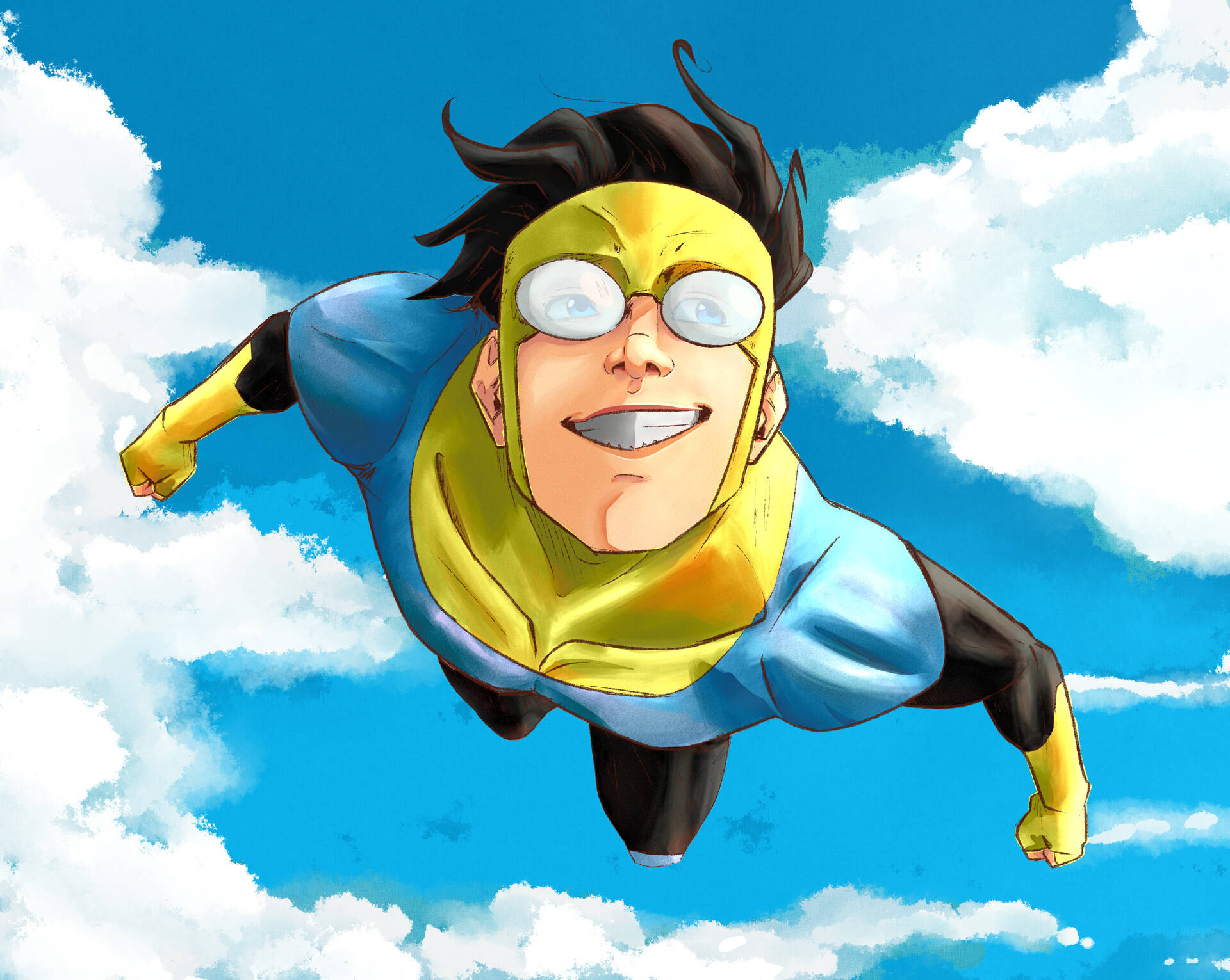Invincible, yellow mask, blue suit, Full HD Desktop Wallpaper