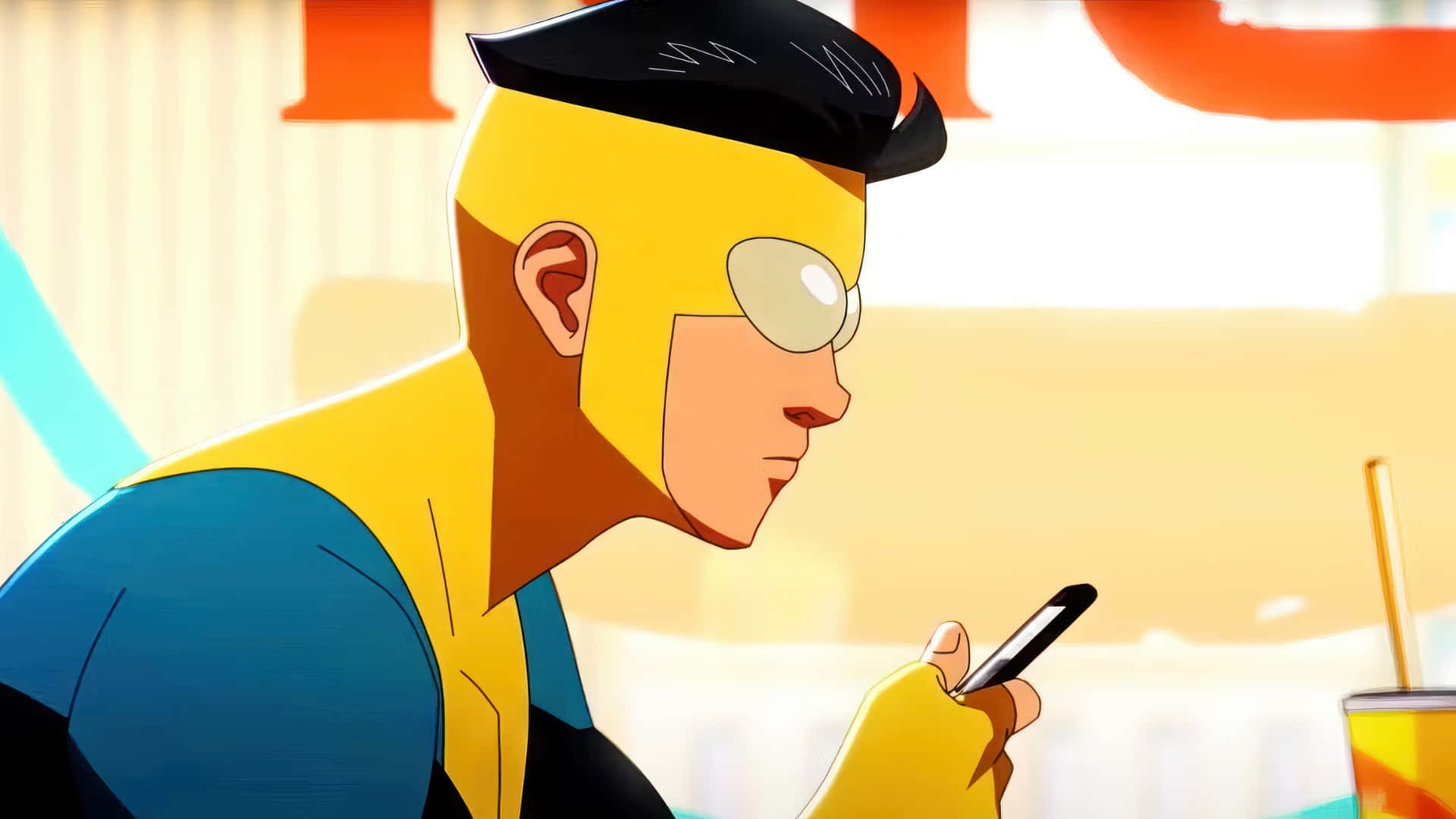 Invincible, yellow and blue suit, black cap, Full HD Desktop Wallpaper