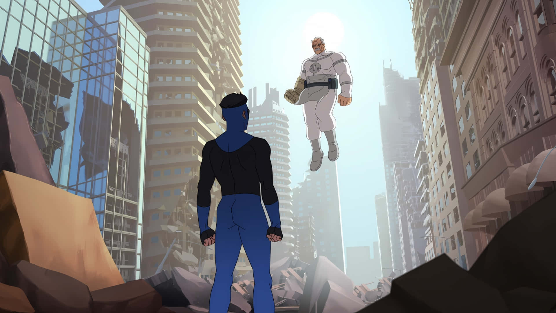 Invincible, blue-skinned superhero, floating white-suited hero, Full HD Desktop Wallpaper