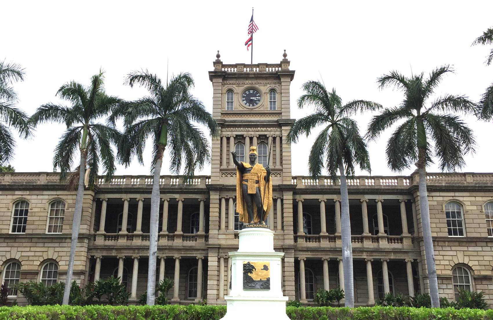 Iolani Palace, golden statue, clock tower, HD Desktop Wallpaper
