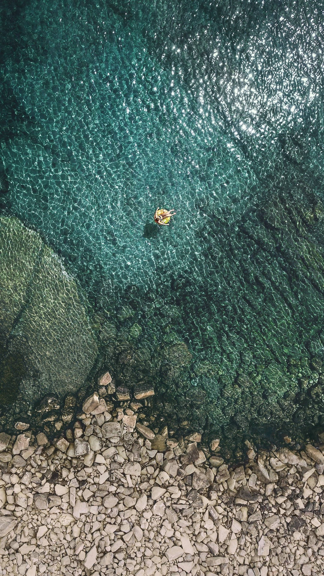 blue sea, rocky shore, yellow inflatable ring, Full HD Phone Wallpaper