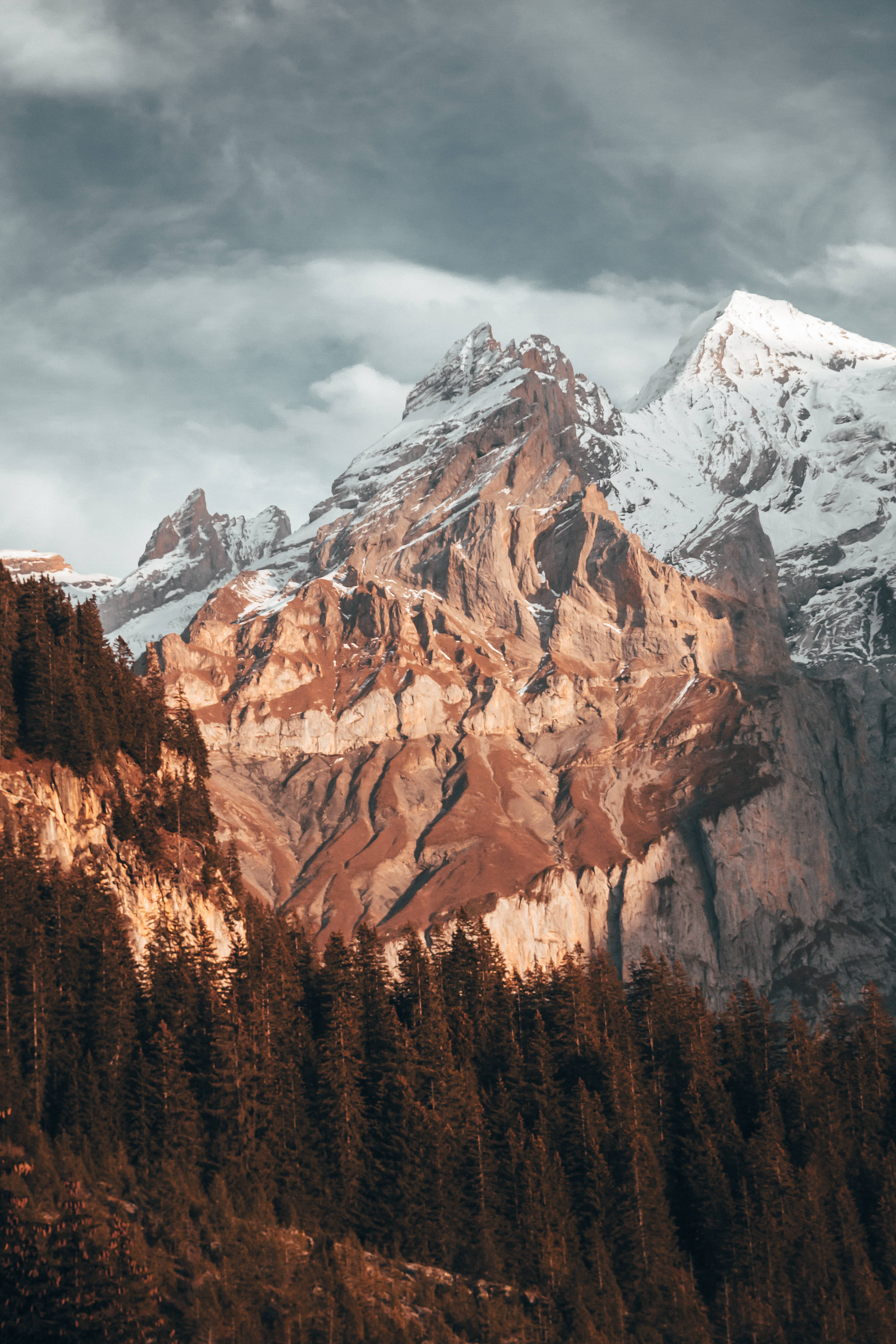 snow covered rocky mountain, cloudy sky, mountain peaks, 5K Phone Wallpaper