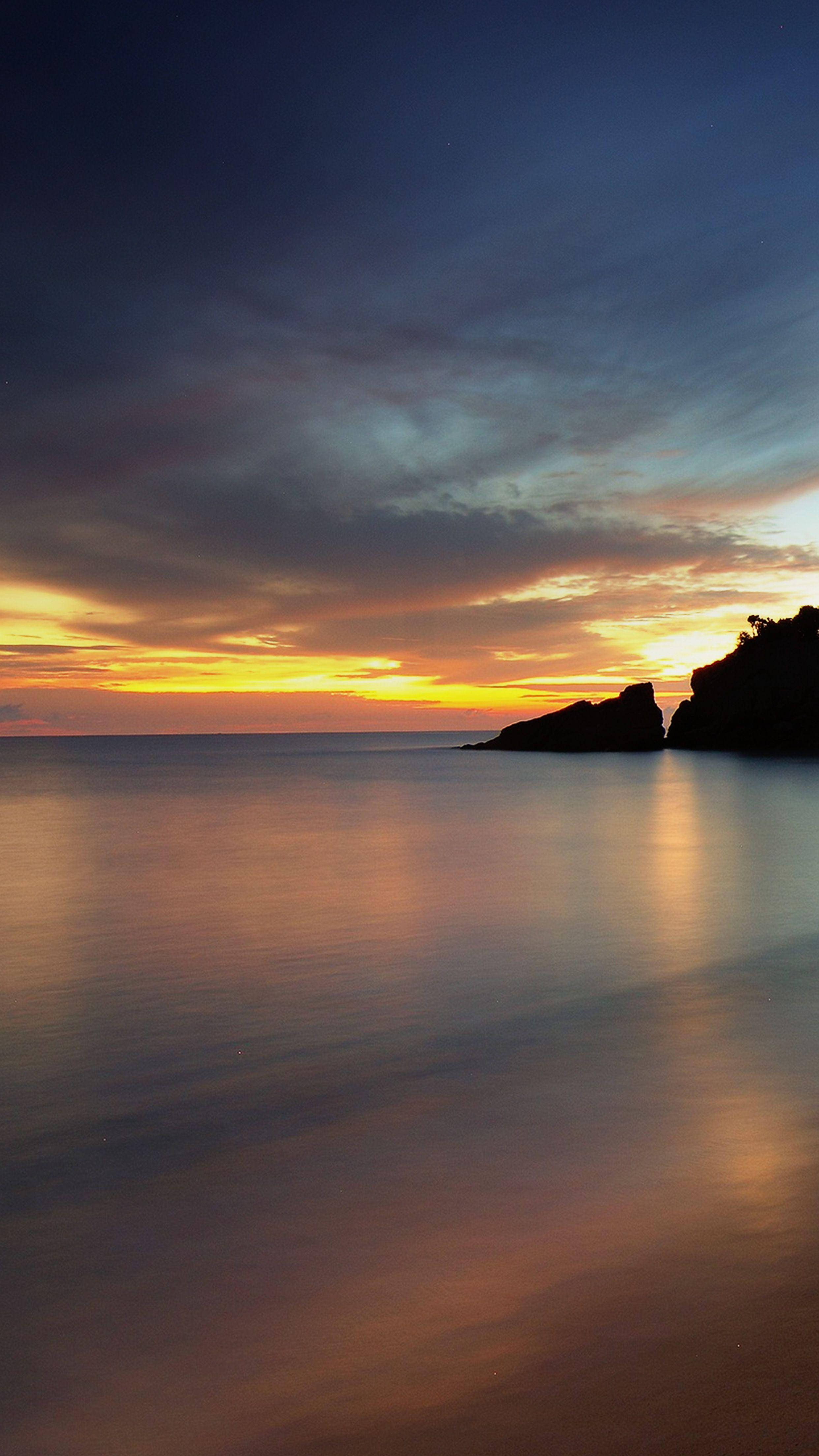 sunset, calm waters, silhouetted cliffs, 4K Phone Wallpaper